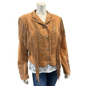 Cripple Creek western/biker leather jacket with fringe and wood embellishments